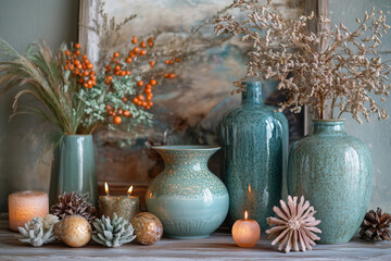 Elegant autumn decor on a wooden table with vases and candles in harmony