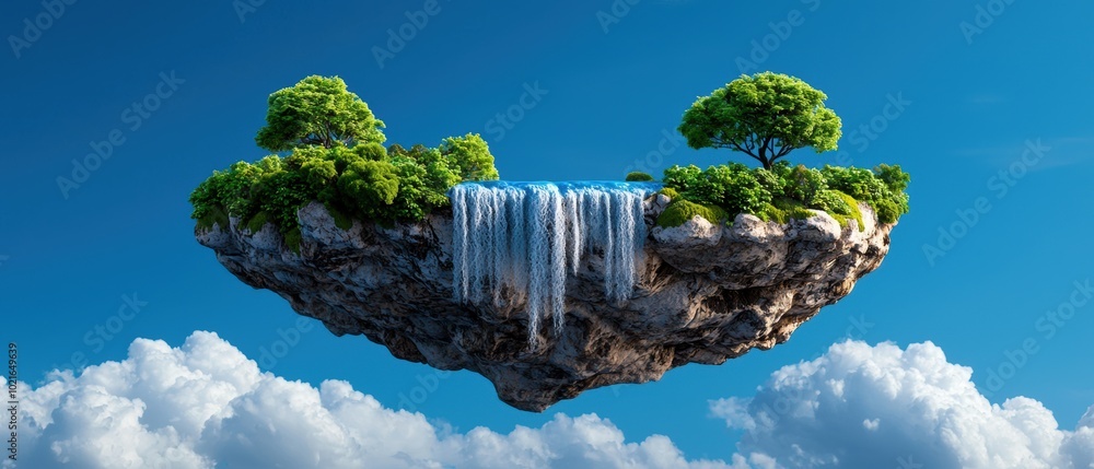 Poster floating island with waterfall and trees in model