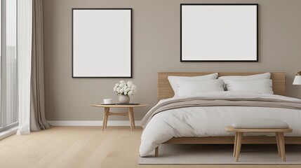 A vertical frame mockup adorns the wall of a cozy bedroom with natural elements. A black side table holds a coffee cup and flowers, enhancing the tranquil atmosphere