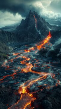 Lava Flowing Down a Mountainside During a Volcanic Eruption