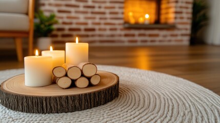 This cozy room exudes warmth with its electric fireplace and candles, complemented by a geometric black rug and wooden shelves against a brick wall, creating a welcoming atmosphere