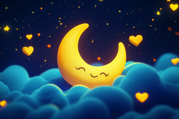 Beautiful cartoon moon sleeping with on clouds, surrounded by twinkling stars against a wonderful background. Generative AI