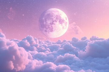 Beautiful cartoon moon sleeping with on clouds, surrounded by twinkling stars against a wonderful background. Generative AI