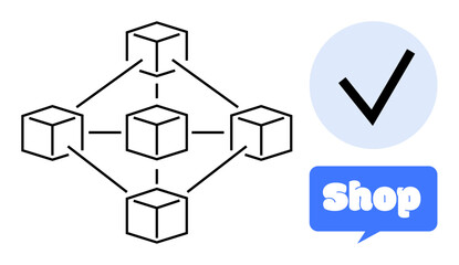 Obraz premium Abstract networking diagram with interconnected cubes, a blue circle with a black checkmark, and a blue speech bubble reading shop Ideal for technology representation, e-commerce, digital security