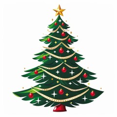 Fototapeta premium The Christmas tree, beautifully decorated with ornaments and a shining star on the top, fills the room with festive cheer and a cozy, warm atmosphere, glowing with twinkling lights and holiday spirit