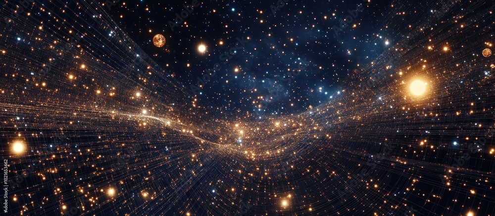 Poster abstract image of a gift in the form of a starry sky or space, consisting of points, lines, and shap
