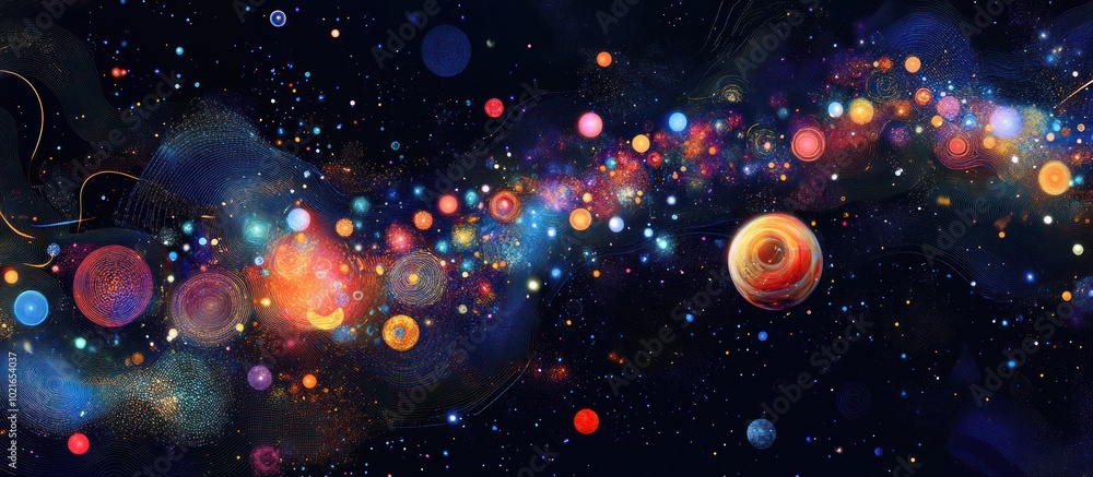 Poster abstract image of a gift in the form of a starry sky or space, consisting of points, lines, and shap