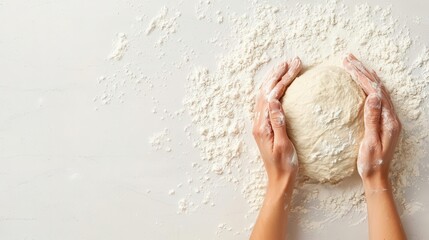 Hands kneading cake dough on a floured table, baking tools scattered, warm and cozy kitchen