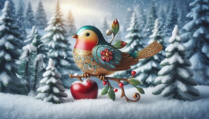 toy decorative bird in the winter forest