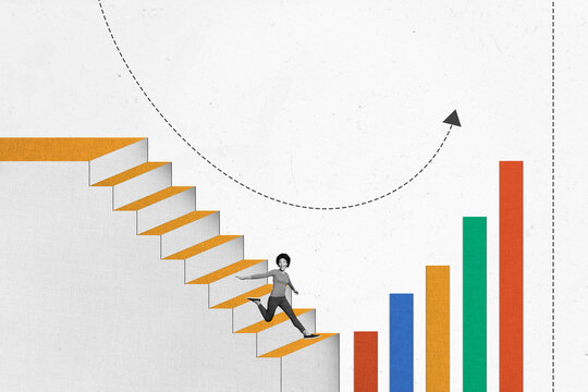 Composite photo collage of happy american girl run career ladder chart arrow development growth success aim isolated on painted background - Powered by Adobe