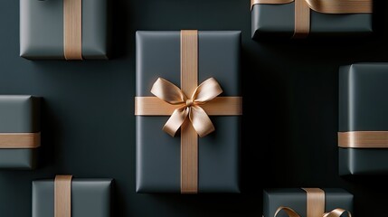 A standout golden gift box is surrounded by numerous gray boxes, all set against a sleek black background. This design showcases luxury and elegance for any event