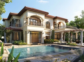 Fototapeta premium Luxury Villa Exterior Design with Pool and Patio