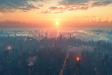 Fototapeta premium Futuristic City Sunrise Skyline Art
