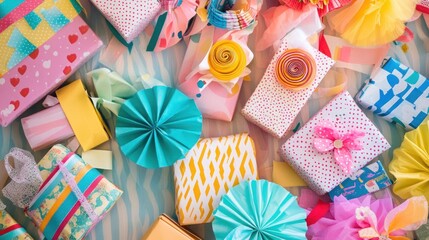 Obraz premium A flat lay of colorful gift boxes wrapped in various patterns with decorative paper flowers and ribbon.