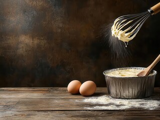 Cake batter being poured into a tin, whisk and wooden spoon beside, warm home kitchen light