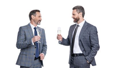 businessmen celebrating success after successful business dealing and partnership isolated on white