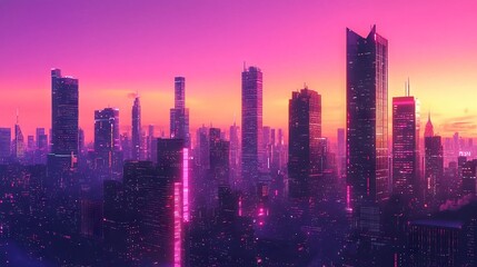 Obraz premium Skyscrapers in foreground, pink/purple sky in backdrop