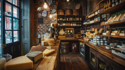 Charming Cheese Shop with Rustic Decor and Warm Lighting