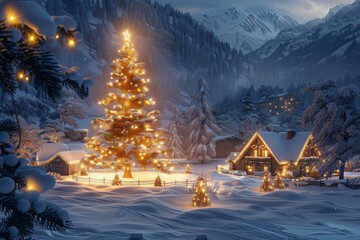 Snowy Christmas Village with Illuminated Christmas Tree
