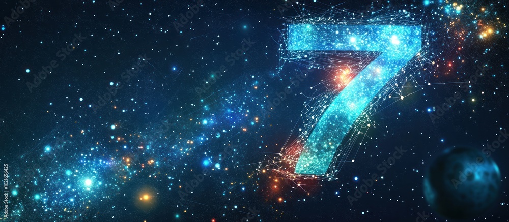 Poster abstract image of a number seven in the form of a starry sky or space,
