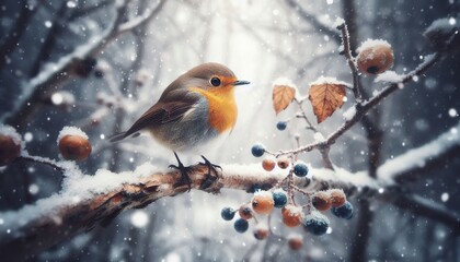 a small bird in the winter forest on a snowy branch, it is snowing