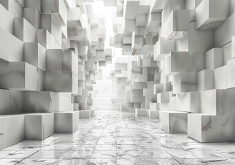 Modern Bright White 3D Geometric Marble Tiles Hallway Perspective