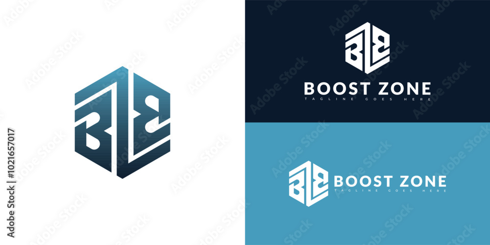 Poster modern hexagon initial vector letter bz or zb logo in blue color isolated on multiple background col