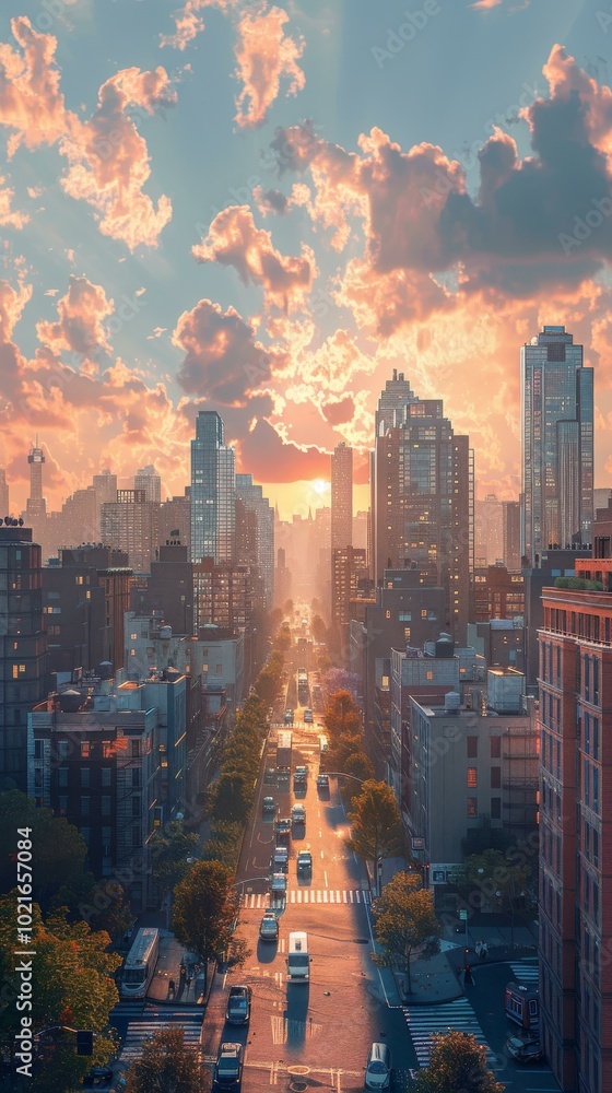 Wall mural Sunrise Cityscape Urban Street View