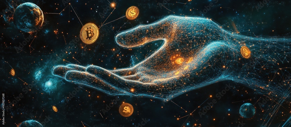 Poster abstract image of a hand with dollar coin in the form of a starry sky or space, consisting