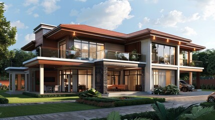 Fototapeta premium Modern Mansion Exterior Design Illustration
