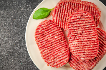 Meat cutlet raw fresh ground beef burger, pork, chicken, turkey dish fresh delicious gourmet food background on the table rustic food top view copy space