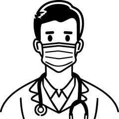 Obraz premium Black Outline Doctor with Face Mask and Stethoscope for Medical Illustrations, Cartoon Style