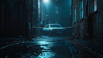 Mysterious alley at night with a police car and rain-soaked pavement offering an eerie atmosphere of suspense and intrigue.