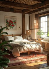 Rustic Wooden Bedroom Interior Design Illustration