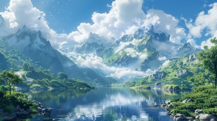 Fototapeta premium Stunning Mountain Lake Scenery Illustration