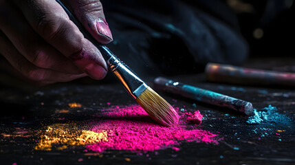 Fototapeta premium A person holds a paintbrush with colored powder nearby