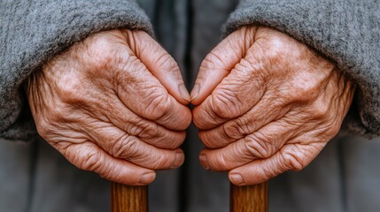 Fototapeta premium Elderly Hands Gripping a Wooden Cane, AI