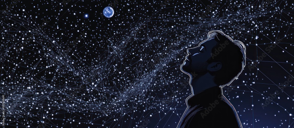 Poster abstract image of a man sings document in the form of a starry sky or space