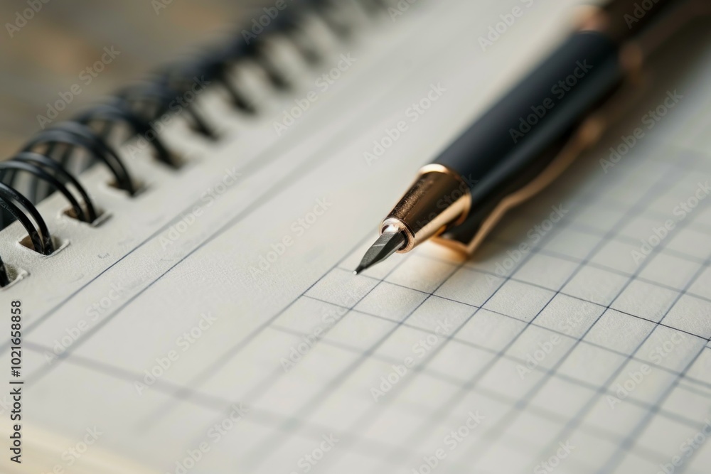 Poster close up of an elegant pen lying on a blank notepad page with graph paper