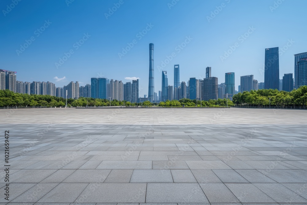 Poster empty square floor with city skyline and modern architecture in background wide angle view of urban 