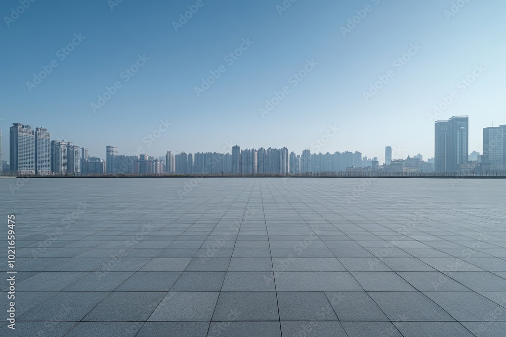 Poster empty square floor with modern city skyline in the background, a front view of a building in china a