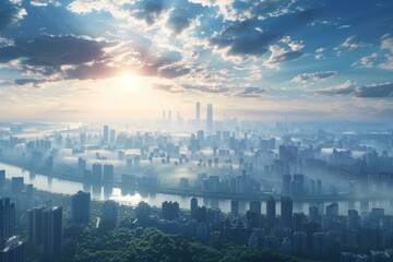 Sunrise Cityscape with Misty River