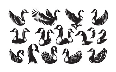 Goose vector silhouette icon Set