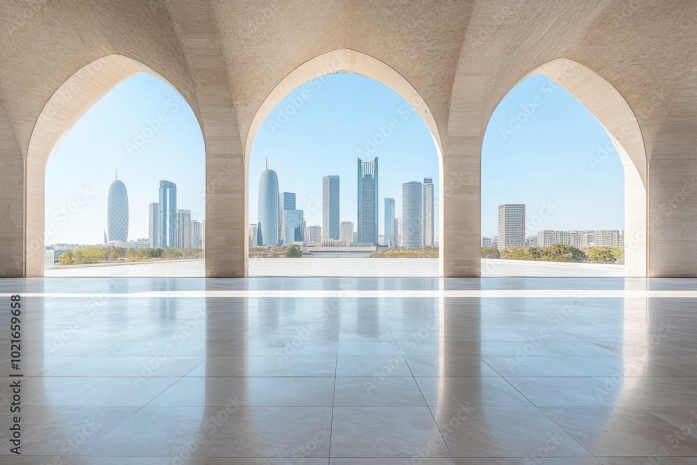 Poster empty square floor with a modern city skyline in the background, clear sky, and arched architecture 