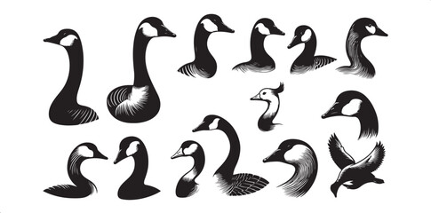 Goose vector silhouette icon Set