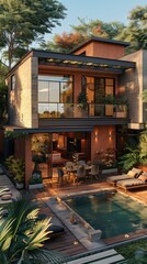 Fototapeta premium Modern Tropical Home with Backyard Pool