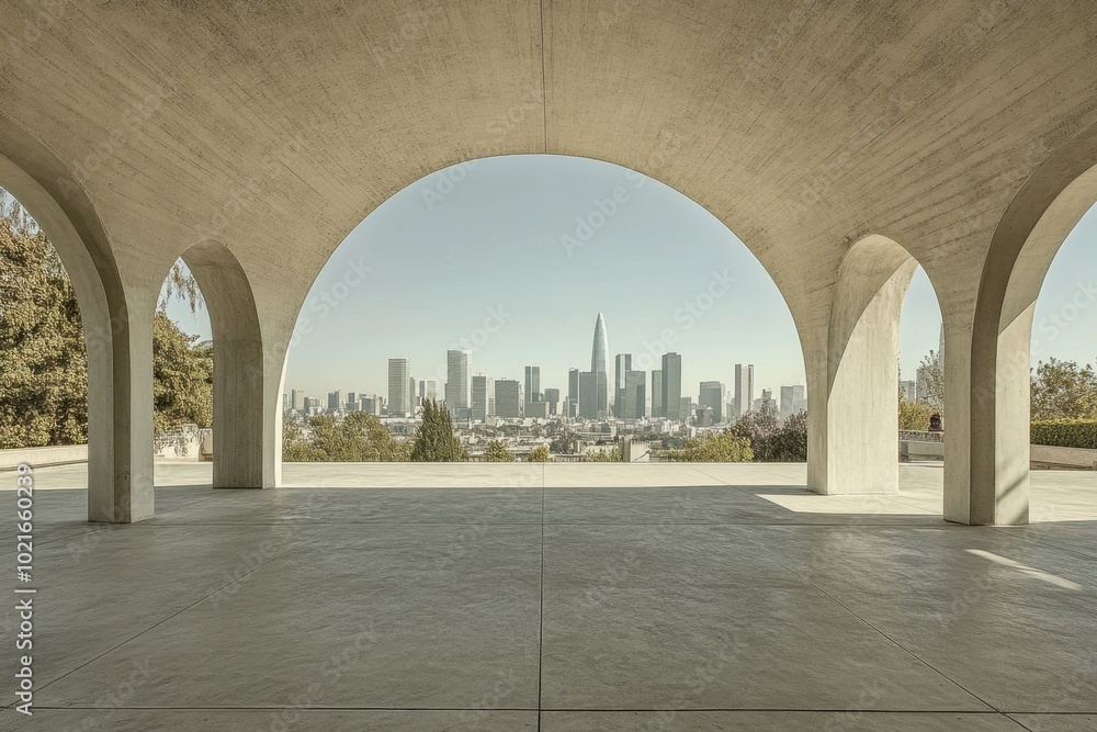 Poster an empty square floor with a city skyline and modern architecture in the background, a clear sky, a 
