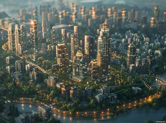 Fototapeta premium Cityscape Aerial View Digital Illustration
