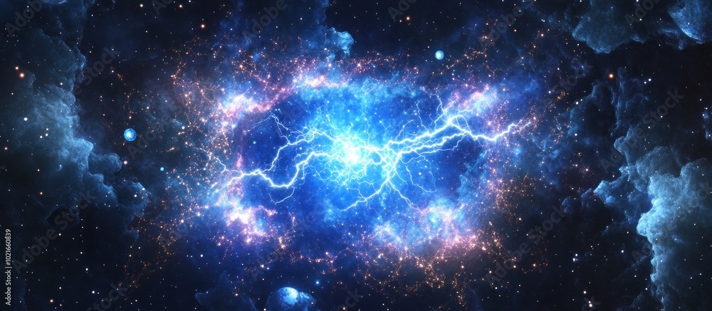 Poster abstract image of a energy sign or lightning in the form of a starry sky or space, consisting of poi