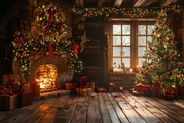 Fototapeta premium Christmas Cozy Wooden Cabin Scene Illustration